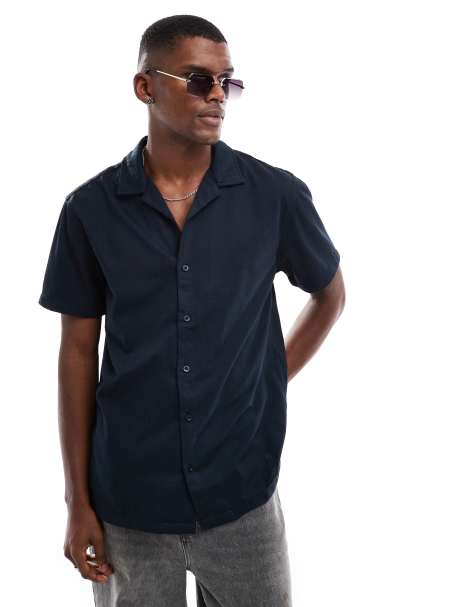 Brave Soul Revere collar short sleeve shirt in navy