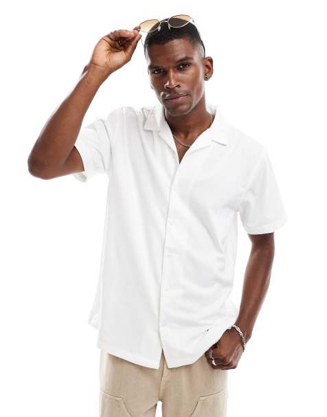 Brave Soul Revere collar short sleeve shirt in off white