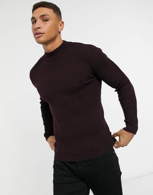 Brave Soul rib turtle neck jumper in ox blood, 3 of 4