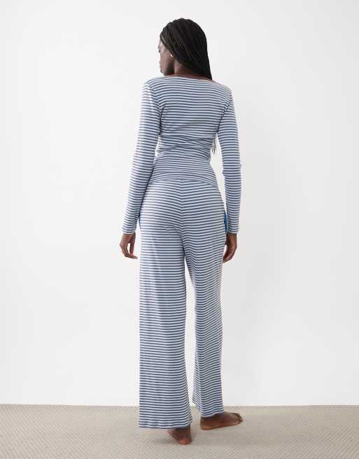 Brave Soul ribbad loungewear-set i marinblått och vit rand, 4 av 4