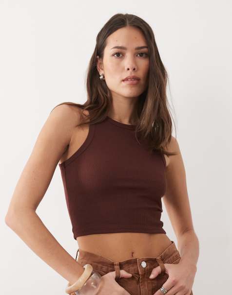 Brave Soul ribbed crop singlet top in chocolate brown - view 1