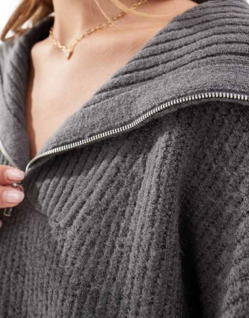 Brave Soul ribbed half zip jumper in dark grey