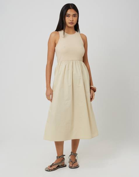 Brave Soul Ribbed jersey and poplin mix midi dress in cream