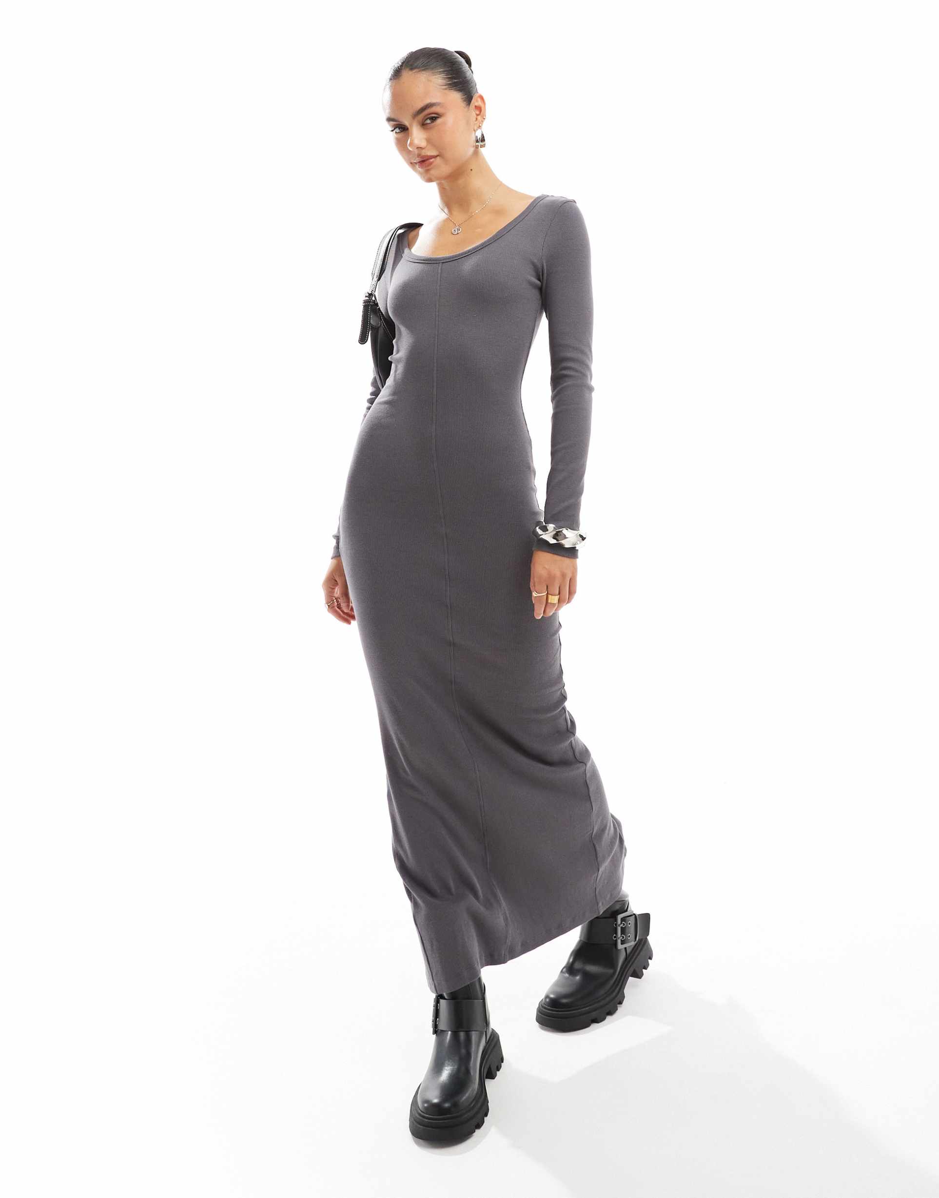 brave soul ribbed jersey dress in slate gray