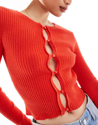 Brave Soul Ribbed Knit Button Down Cardigan In Red