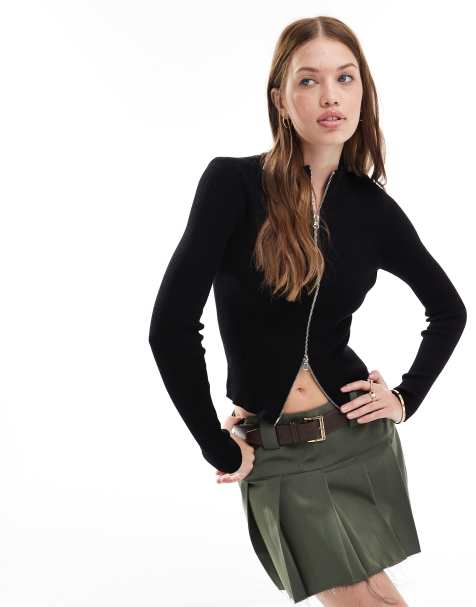 Brave Soul ribbed knitted zip front jumper in black - view 1