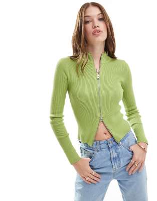 Brave Soul ribbed knitted zip front jumper in green