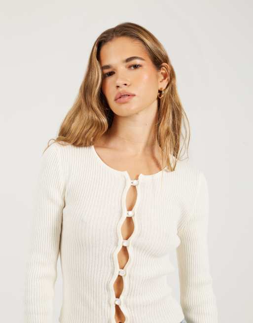 Brave Soul Ribbed long sleeve button down cardigan in cream, 4 of 4