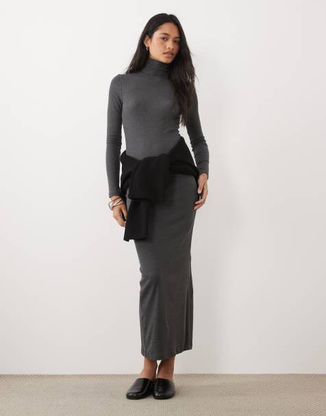 Brave Soul ribbed long sleeve roll neck maxi dress with slit detail in charcoal marl