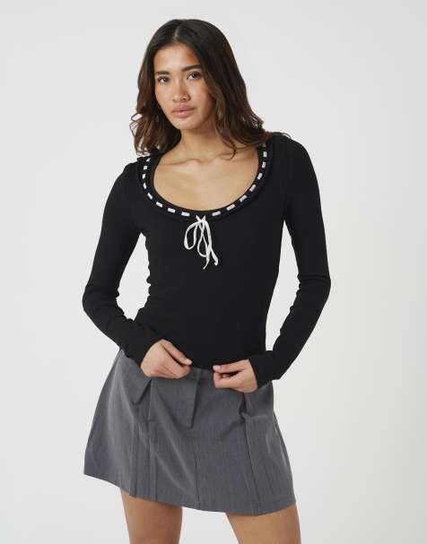 Brave Soul Ribbed long sleeve top with bow detail in black - view 1