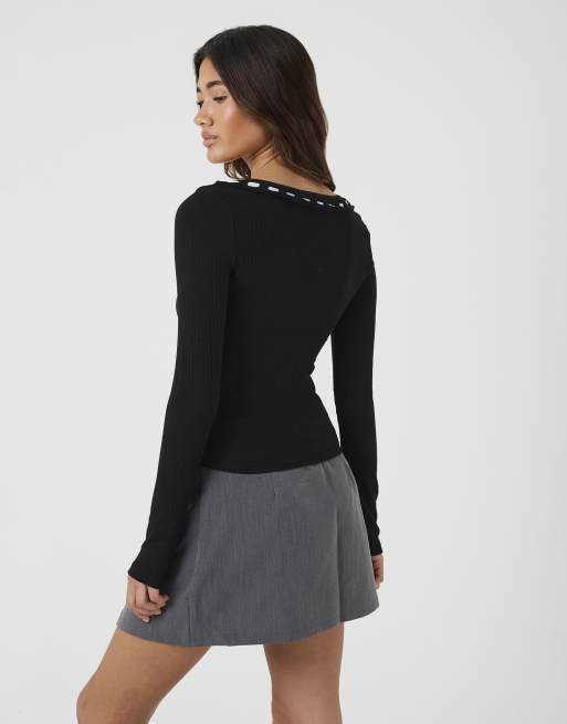Brave Soul Ribbed long sleeve top with bow detail in black, 2 of 4