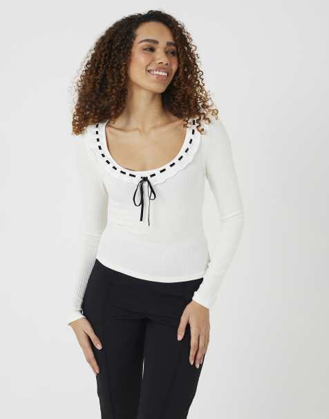 Brave Soul Ribbed long sleeve top with bow detail in cream - view 1