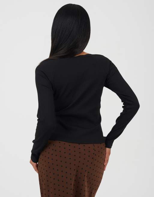 Brave Soul Ribbed long sleeve top with lace trim in black, 2 of 4