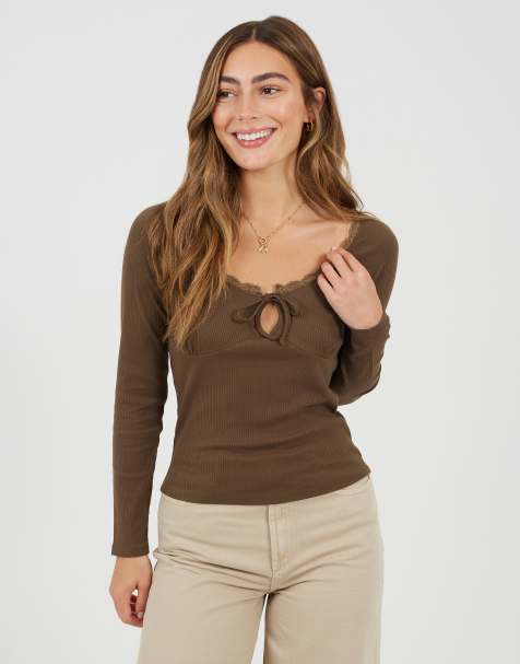 Brave Soul Ribbed long sleeve top with lace trim in brown - view 1