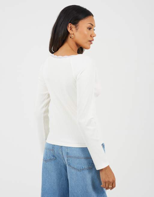 Brave Soul Ribbed long sleeve top with lace trim in cream, 2 of 4