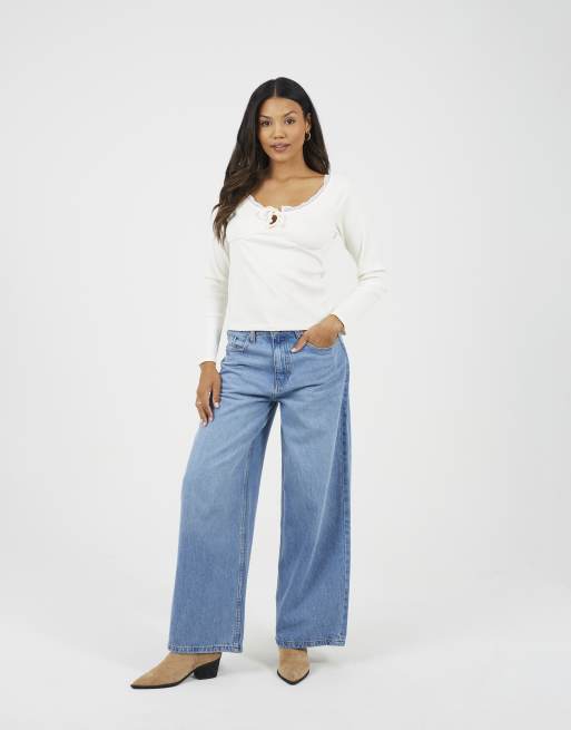 Brave Soul Ribbed long sleeve top with lace trim in cream, 3 of 4
