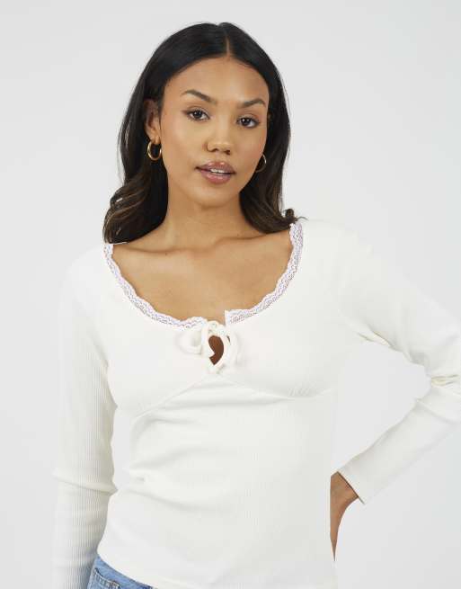 Brave Soul Ribbed long sleeve top with lace trim in cream, 4 of 4