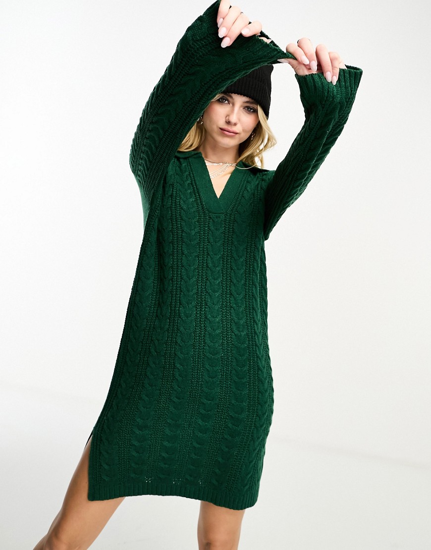 Brave Soul ribbed polo collar knitted midi dress in forest green