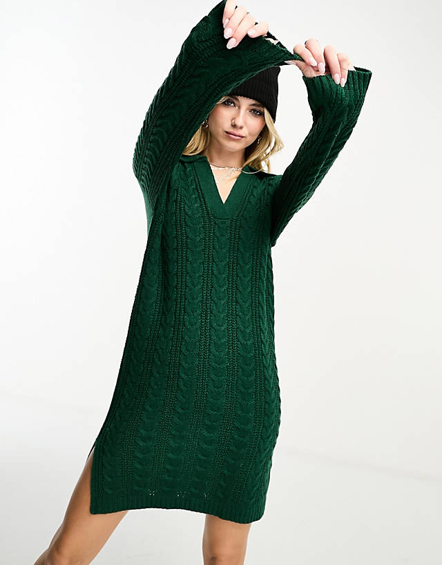 Brave Soul - ribbed polo collar knitted midi dress in forest green