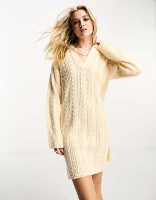 Brave Soul ribbed polo collar knitted midi dress in oatmeal | ASOS