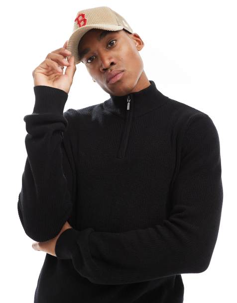 Brave Soul ribbed quarter zip jumper in black - view 1