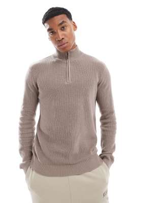 Brave Soul Brave Soul ribbed quarter zip jumper in taupe-Grey