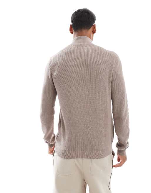 Brave Soul ribbed quarter zip sweater in taupe | ASOS