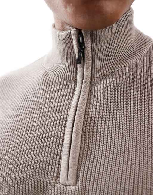 Brave Soul ribbed quarter zip sweater in taupe | ASOS