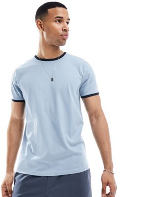 ribbed ringer T-shirt in steel blue & navy