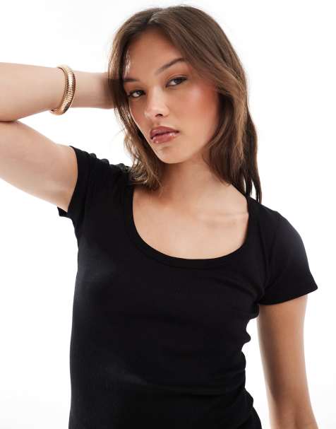 Brave Soul ribbed scoop neck T-shirt in black - view 1