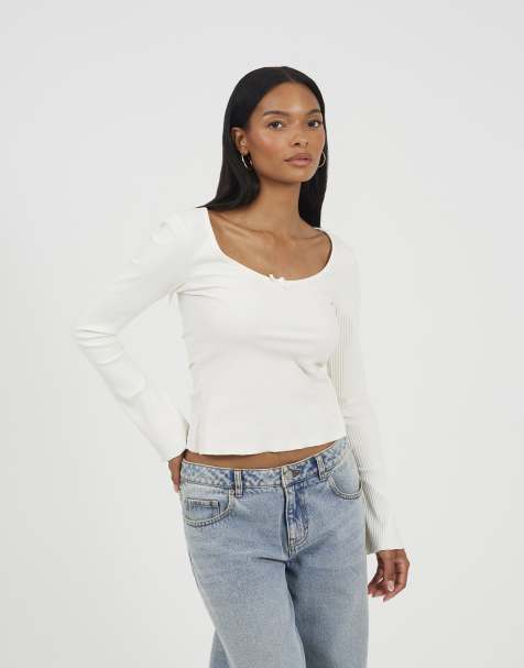 Brave Soul Ribbed scoop neck top with lettuce hem in cream - view 1