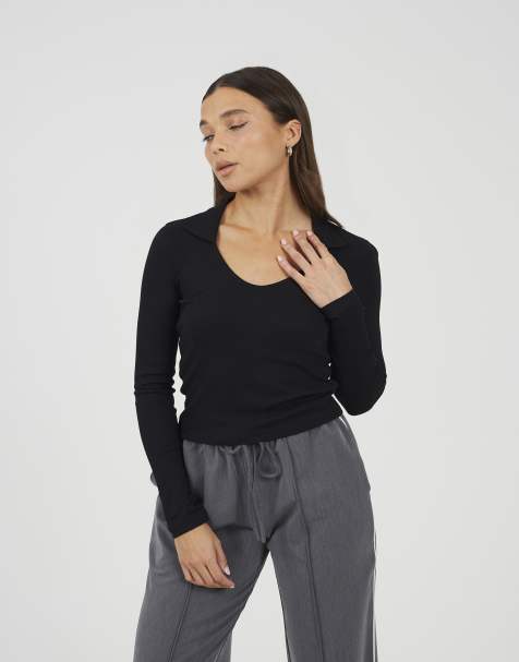 Brave Soul Ribbed v-neck collared top in black