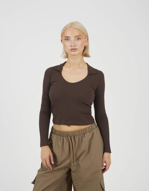 Brave Soul Ribbed v-neck collared top in chocolate - view 1