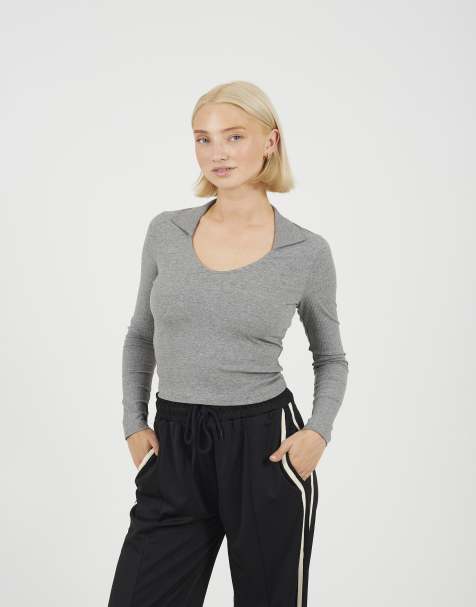 Brave Soul Ribbed v-neck collared top in grey - view 1