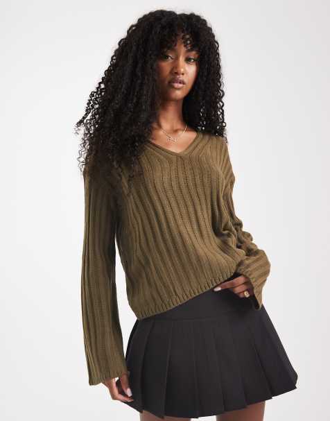 Brave Soul ribbed v-neck jumper in khaki - view 1