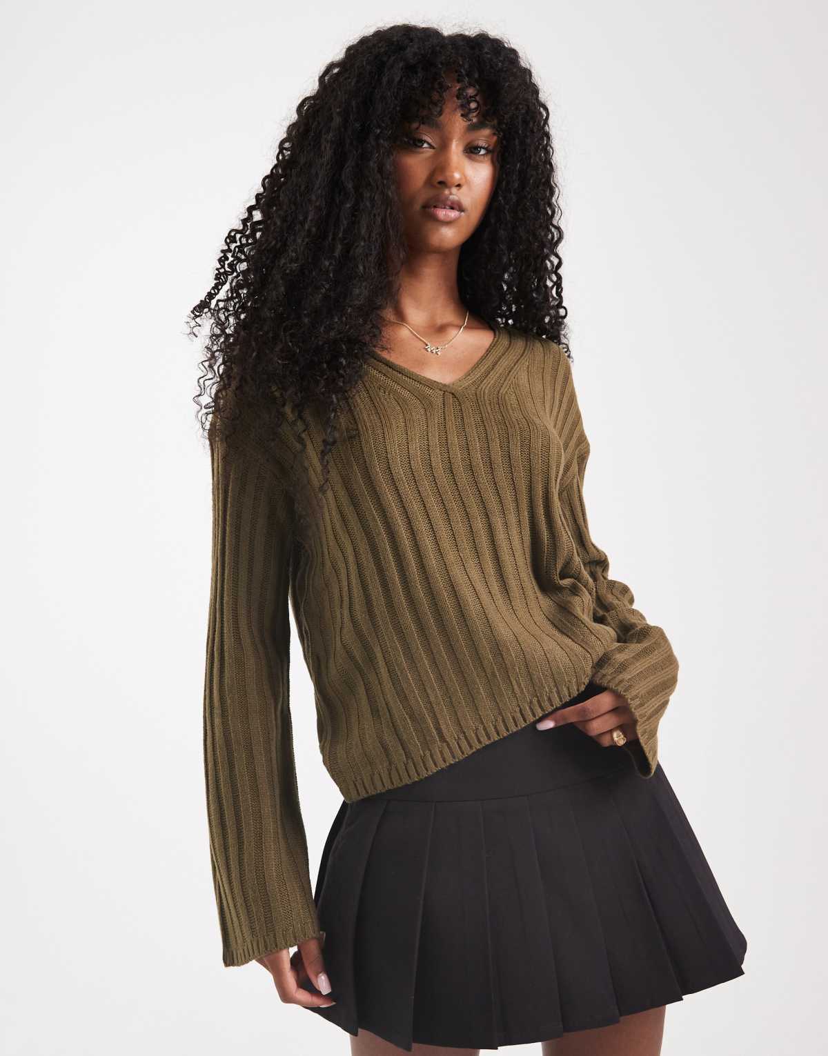 Brave Soul ribbed v-neck jumper in khaki