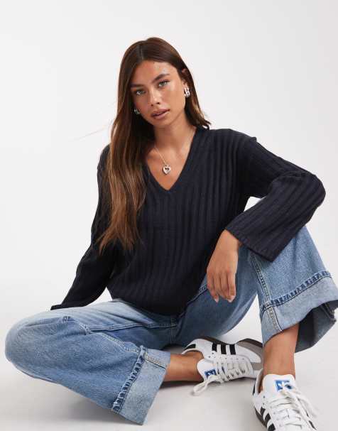 Brave Soul ribbed v-neck jumper in navy - view 1