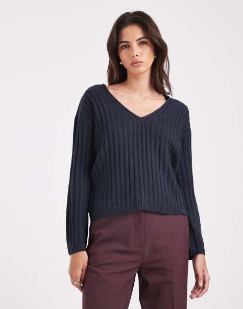 Brave Soul ribbed v-neck jumper in navy - view 1