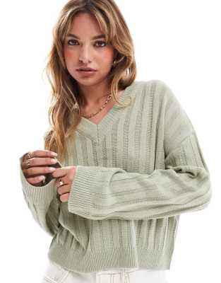 Brave Soul Brave Soul ribbed v-neck jumper in sage green