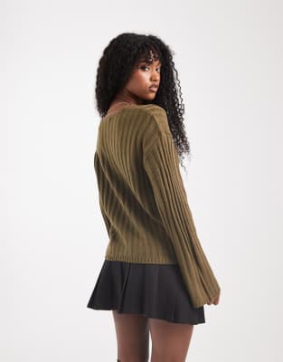 Brave Soul Ribbed V-neck Sweater In Green