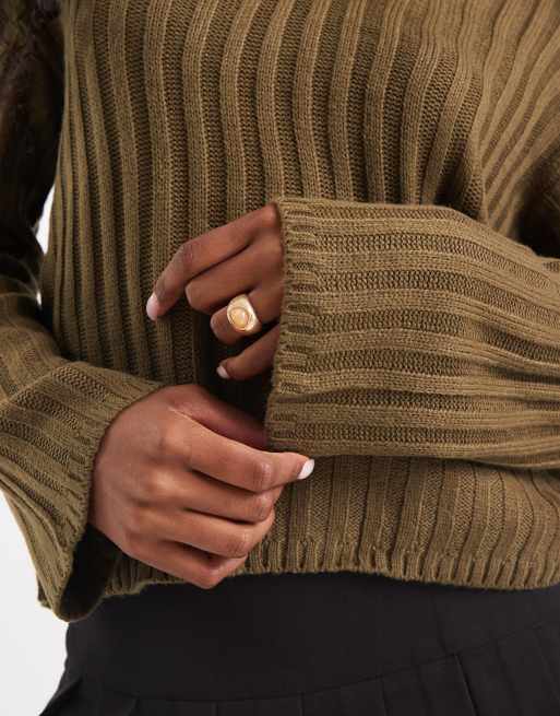 Brave Soul ribbed V-neck sweater in khaki, 3 of 4