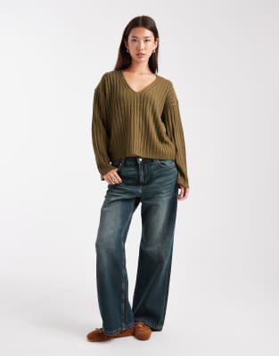 Brave Soul Ribbed V-neck Sweater In Green