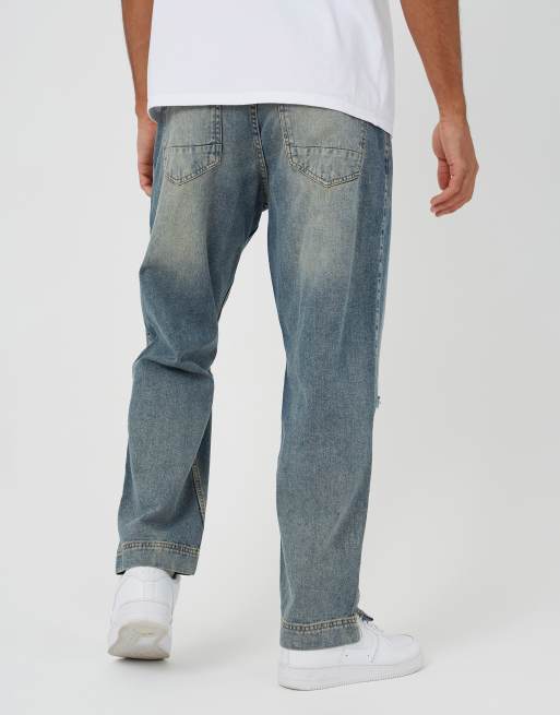 Brave Soul Ripped knee wide leg denim jeans with side hem split detail in light blue, 2 of 3