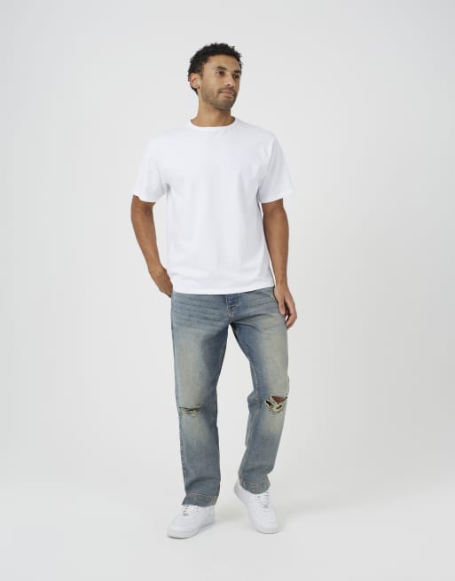 Brave Soul Ripped knee wide leg denim jeans with side hem split detail in light blue, 3 of 3