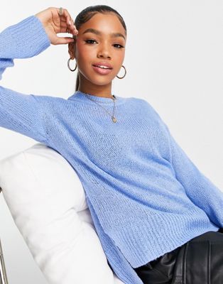 Brave Soul ritz crew neck jumper with stepped hem in blue