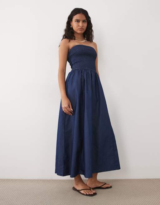 Brave Soul - Robe bustier mi-longue en chambray avec corsage froncé - Indigo, 2 de 4