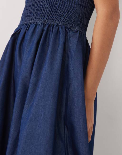 Brave Soul - Robe bustier mi-longue en chambray avec corsage froncé - Indigo, 3 de 4