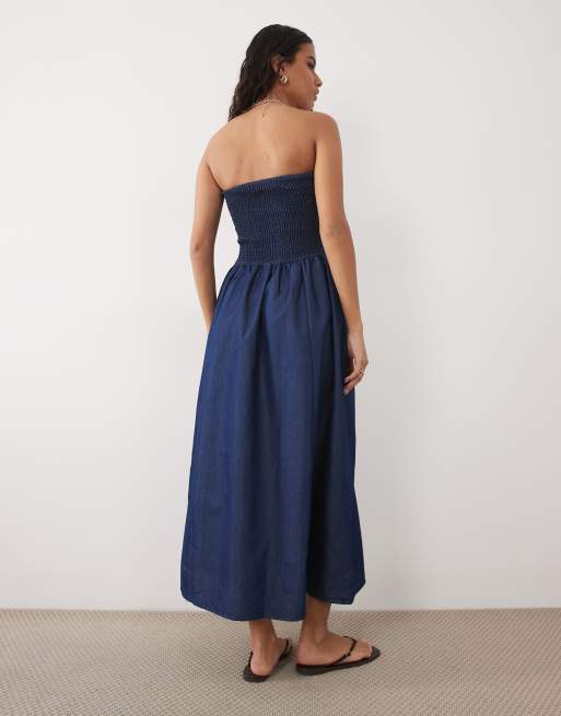 Brave Soul - Robe bustier mi-longue en chambray avec corsage froncé - Indigo, 4 de 4