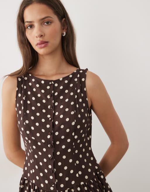 Brave Soul - Robe courte boutonnée à pois avec encolure bateau et taille basse - Marron, 4 de 4