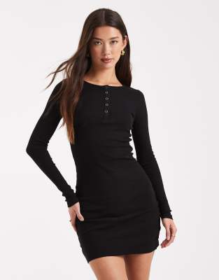 Robe courte en jersey côtelé à manches longues et détail boutonné - Noir XL